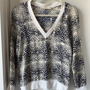 Amanda Uprichard 100% Silk V Neck Blouse Geometric Navy White Preppy Size Small